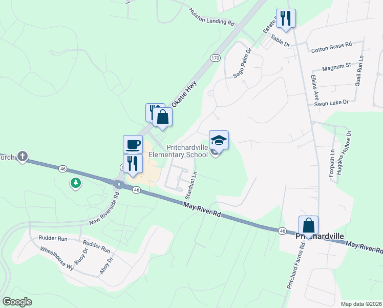 map of restaurants, bars, coffee shops, grocery stores, and more near 9345 Evan Way in Bluffton