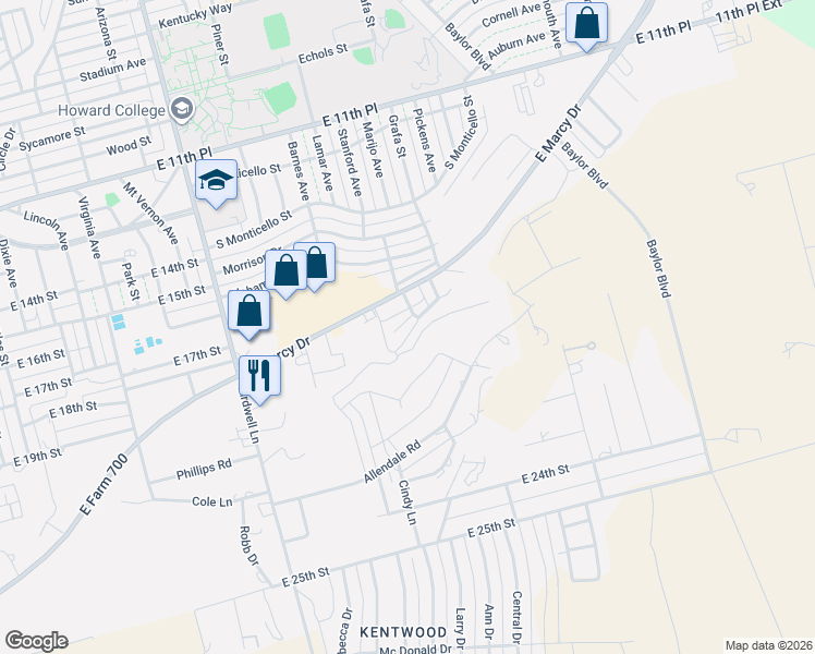 map of restaurants, bars, coffee shops, grocery stores, and more near 2306-2316 Marshall Drive in Big Spring