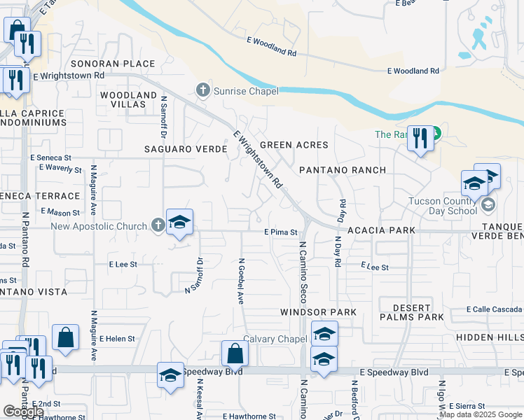 map of restaurants, bars, coffee shops, grocery stores, and more near 1855 North La Rienda Avenue in Tucson