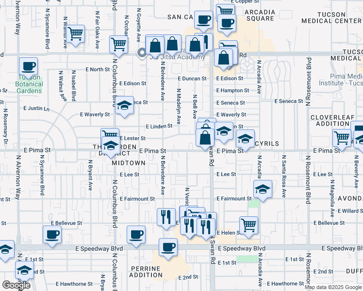 map of restaurants, bars, coffee shops, grocery stores, and more near 4562 East Lester Street in Tucson