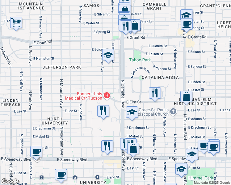 map of restaurants, bars, coffee shops, grocery stores, and more near in Tucson