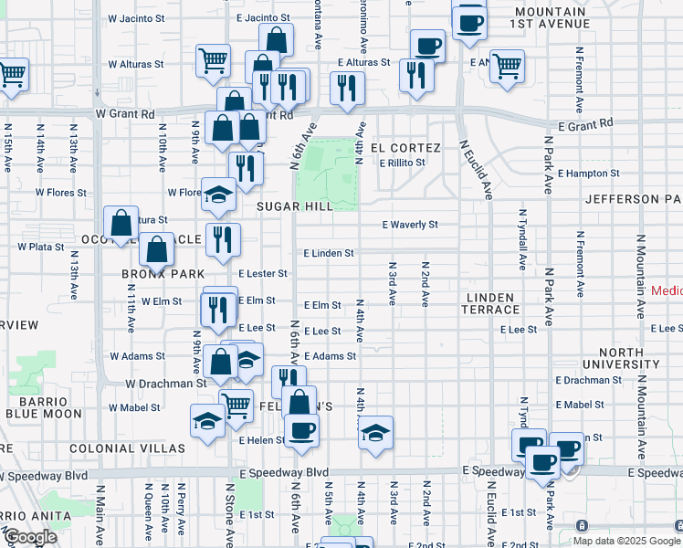 map of restaurants, bars, coffee shops, grocery stores, and more near 1820 North 5th Avenue in Tucson
