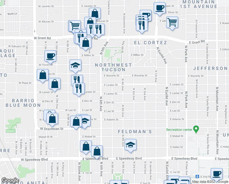 map of restaurants, bars, coffee shops, grocery stores, and more near 1820 North 5th Avenue in Tucson