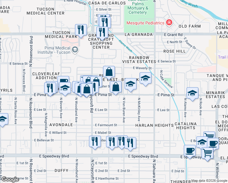 map of restaurants, bars, coffee shops, grocery stores, and more near 5625 East Pima Street in Tucson