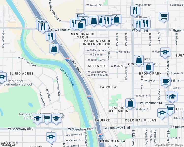 map of restaurants, bars, coffee shops, grocery stores, and more near 819 West Calle Retama in Tucson