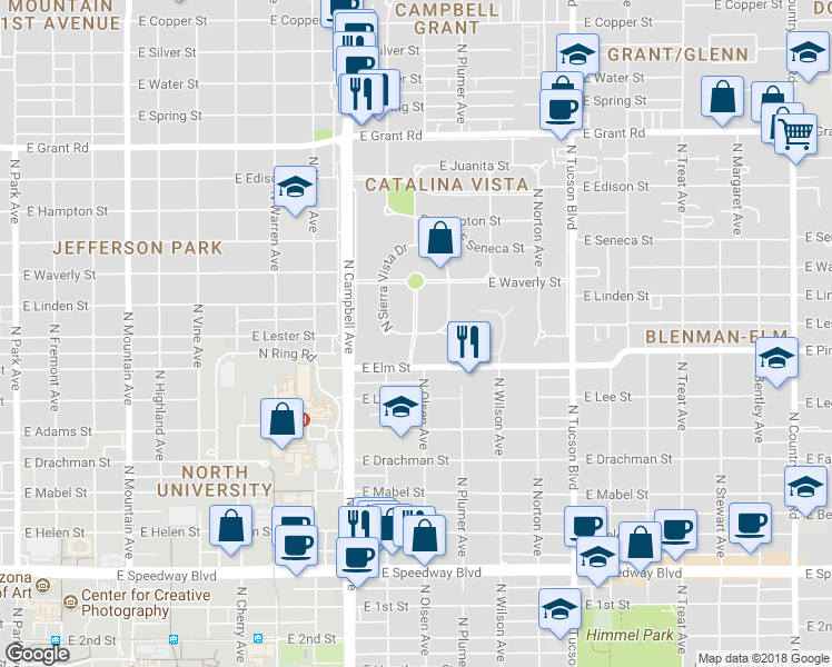 map of restaurants, bars, coffee shops, grocery stores, and more near 0 North Sierra Vista Drive in Tucson