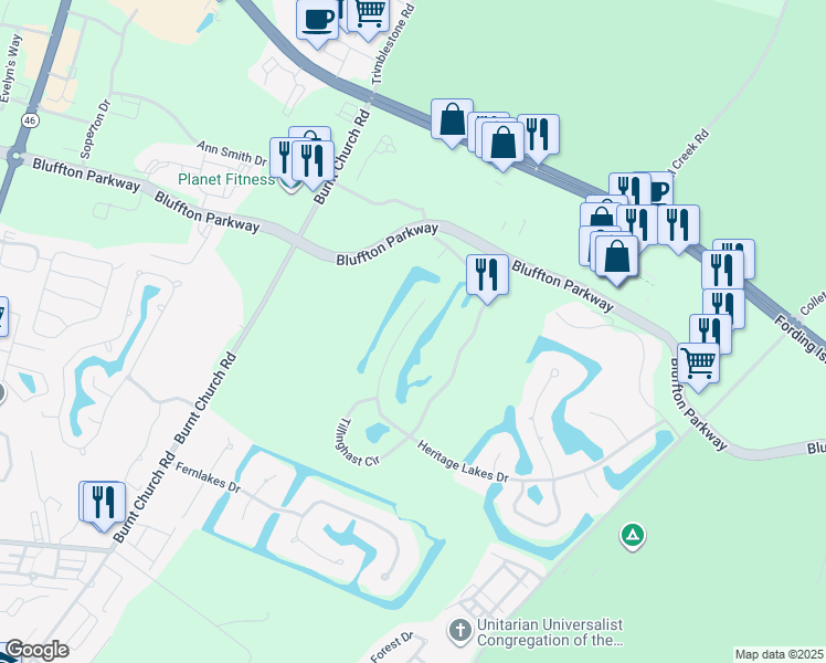 map of restaurants, bars, coffee shops, grocery stores, and more near 28 Ferebee Ct in Bluffton