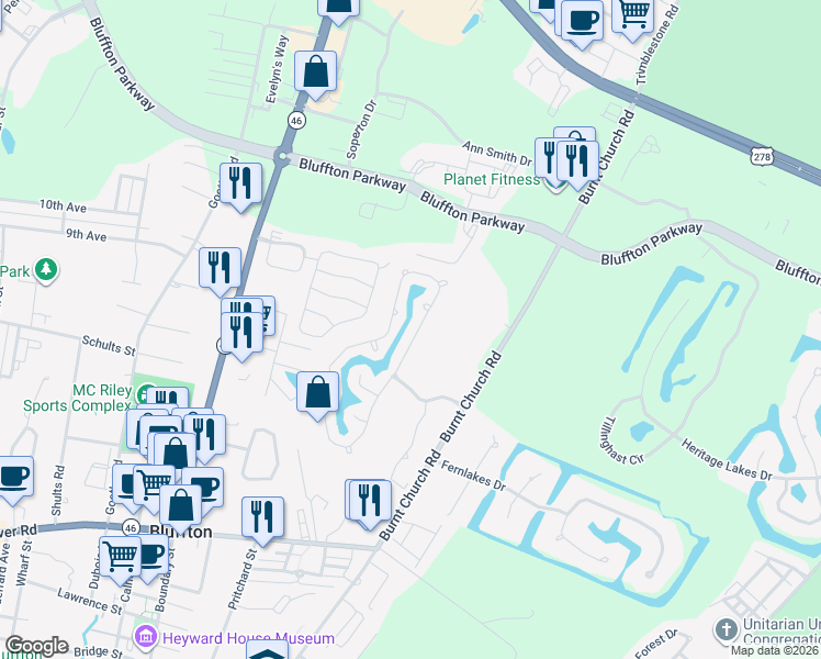 map of restaurants, bars, coffee shops, grocery stores, and more near 23 Lake Linden Drive in Bluffton