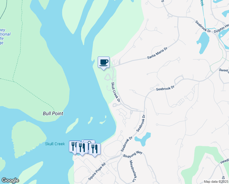 map of restaurants, bars, coffee shops, grocery stores, and more near 73 Skull Creek Drive in Hilton Head Island