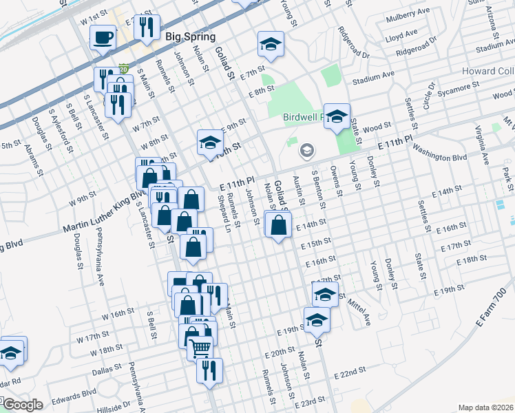 map of restaurants, bars, coffee shops, grocery stores, and more near 1205 Johnson Street in Big Spring