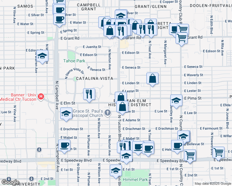map of restaurants, bars, coffee shops, grocery stores, and more near 2435 East Lester Street in Tucson