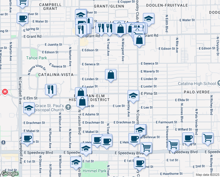 map of restaurants, bars, coffee shops, grocery stores, and more near 2802 East Lester Street in Tucson