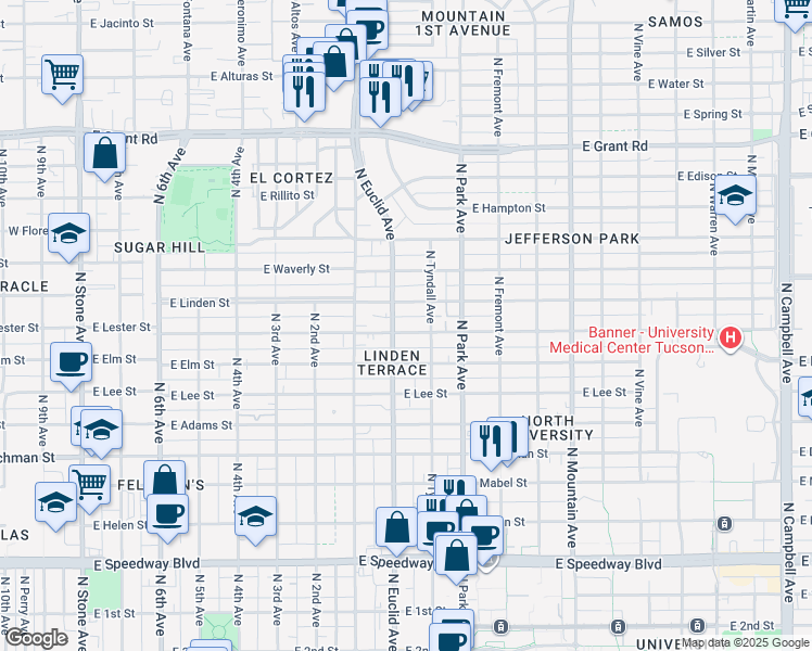 map of restaurants, bars, coffee shops, grocery stores, and more near 815 East Lester Street in Tucson