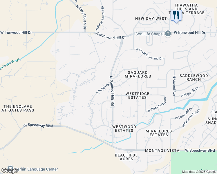 map of restaurants, bars, coffee shops, grocery stores, and more near 1801 North Painted Hills Road in Tucson