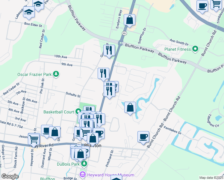 map of restaurants, bars, coffee shops, grocery stores, and more near 150 State Street in Bluffton