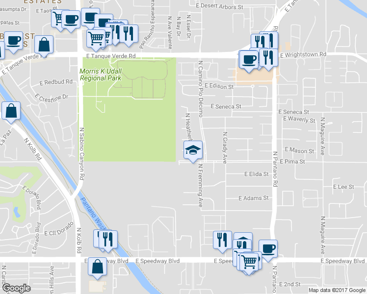 map of restaurants, bars, coffee shops, grocery stores, and more near 7521 East Clarence Circle in Tucson