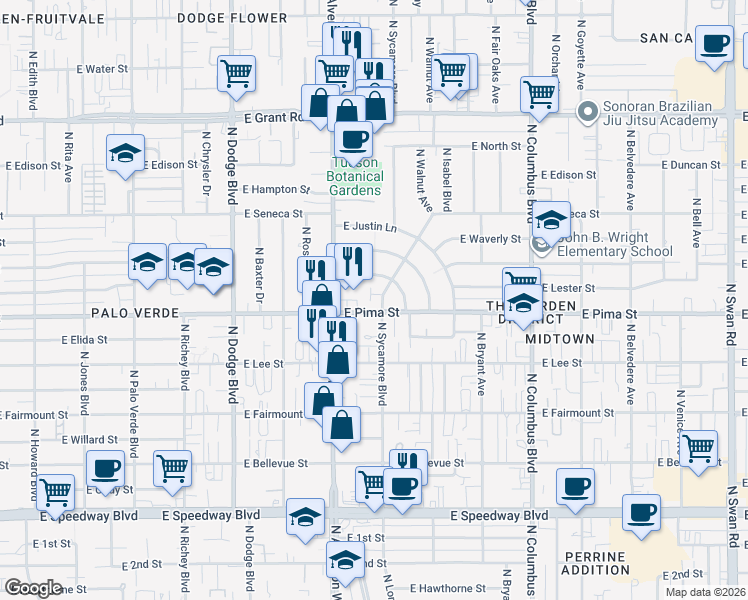 map of restaurants, bars, coffee shops, grocery stores, and more near 1709 North Village Drive in Tucson
