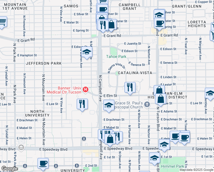 map of restaurants, bars, coffee shops, grocery stores, and more near 295 North Sierra Vista Drive in Tucson