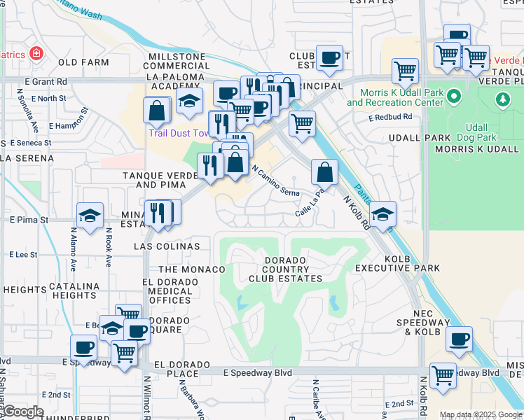 map of restaurants, bars, coffee shops, grocery stores, and more near 6601 Calle La Paz in Tucson