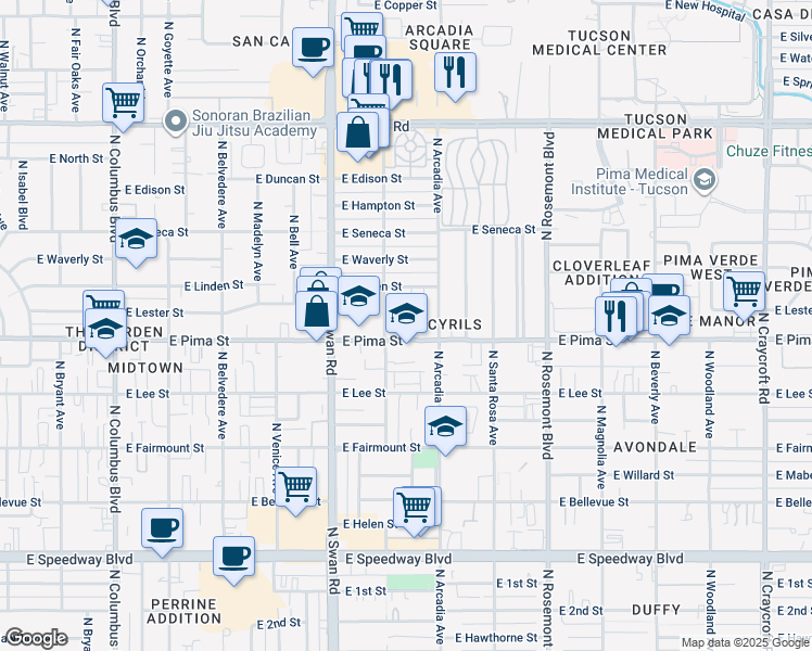 map of restaurants, bars, coffee shops, grocery stores, and more near in Tucson