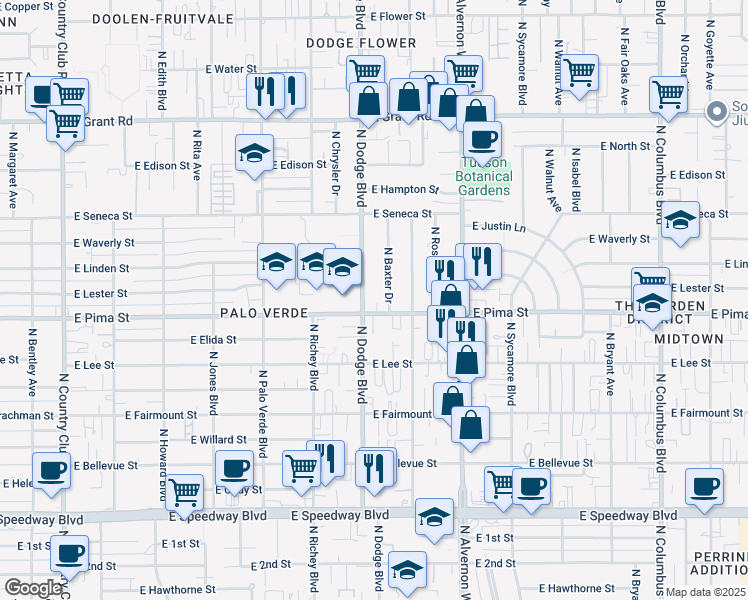 map of restaurants, bars, coffee shops, grocery stores, and more near 1717 North Baxter Drive in Tucson