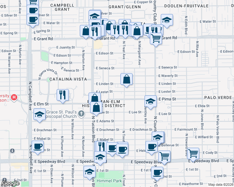 map of restaurants, bars, coffee shops, grocery stores, and more near 2617 East Elm Street in Tucson