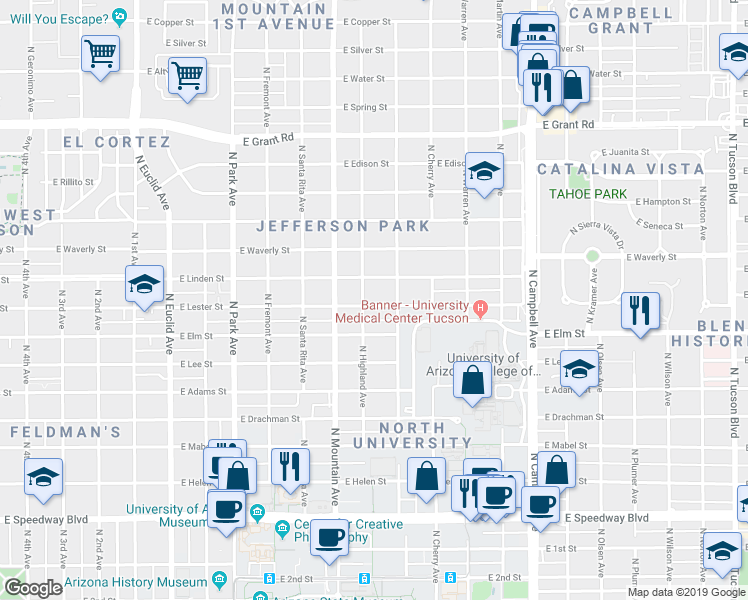 map of restaurants, bars, coffee shops, grocery stores, and more near 1425 East Lester Street in Tucson