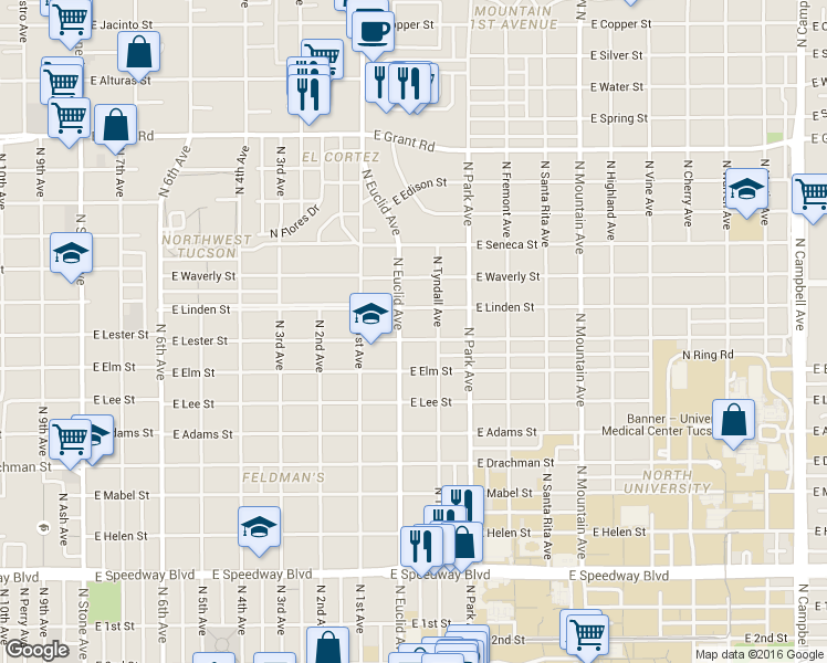 map of restaurants, bars, coffee shops, grocery stores, and more near 803 East Lester Street in Tucson