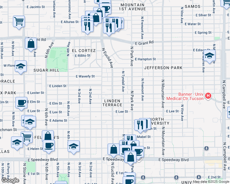 map of restaurants, bars, coffee shops, grocery stores, and more near 803 East Lester Street in Tucson