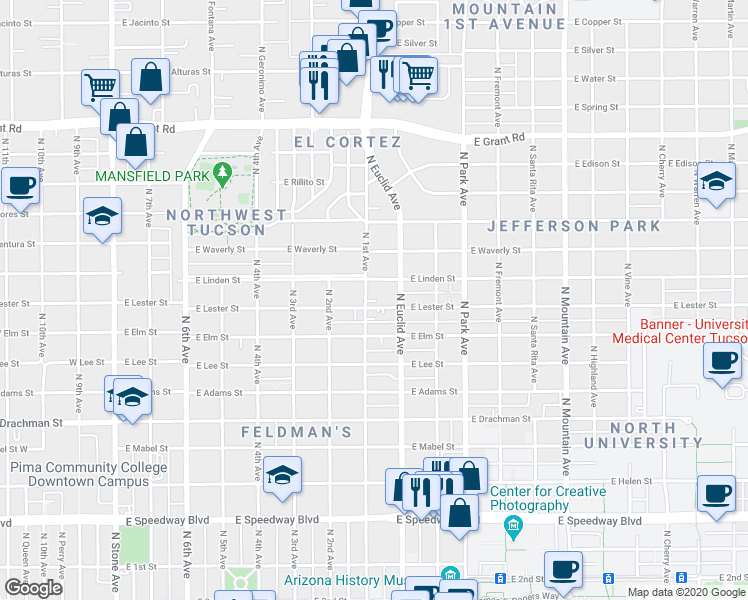 map of restaurants, bars, coffee shops, grocery stores, and more near 711 East Lester Street in Tucson