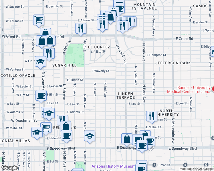 map of restaurants, bars, coffee shops, grocery stores, and more near 605 East Lester Street in Tucson