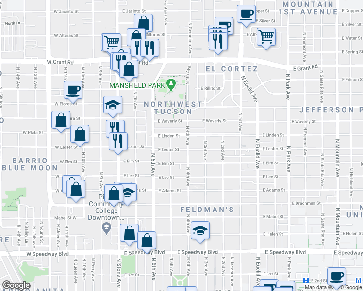 map of restaurants, bars, coffee shops, grocery stores, and more near 1820 North 5th Avenue in Tucson