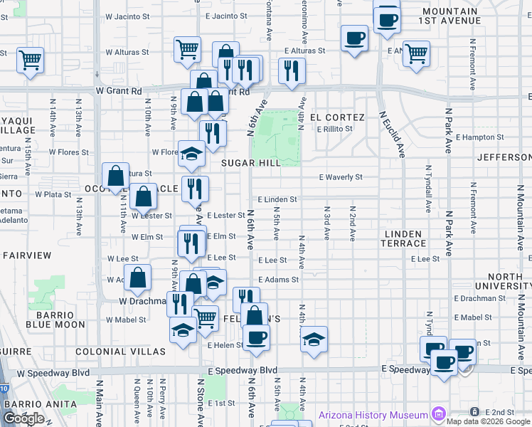 map of restaurants, bars, coffee shops, grocery stores, and more near 201 East Lester Street in Tucson