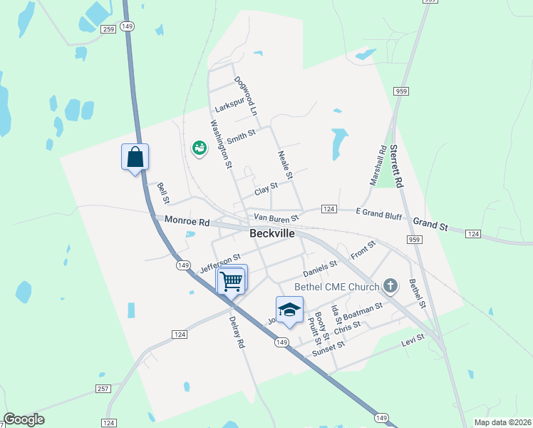 map of restaurants, bars, coffee shops, grocery stores, and more near 127 Van Buren Street in Beckville
