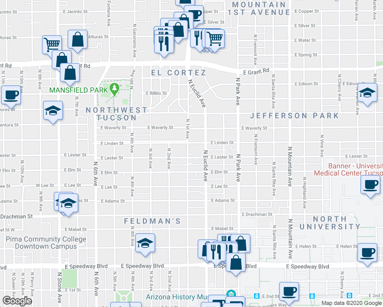 map of restaurants, bars, coffee shops, grocery stores, and more near 711 East Lester Street in Tucson