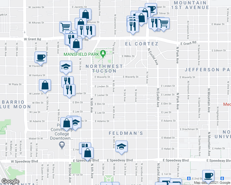 map of restaurants, bars, coffee shops, grocery stores, and more near 1806 N 4th Ave in Tucson