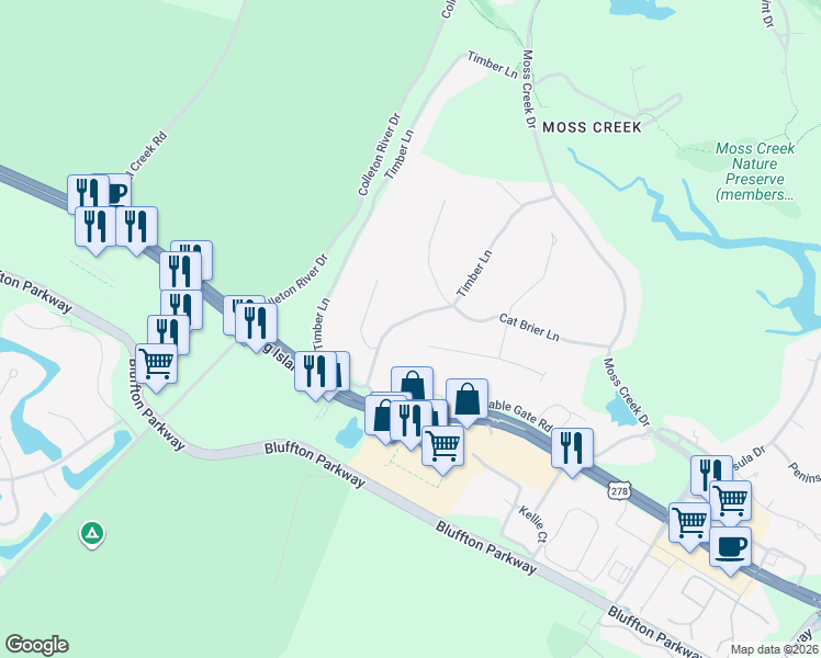 map of restaurants, bars, coffee shops, grocery stores, and more near 39 Timber Lane in Hilton Head Island