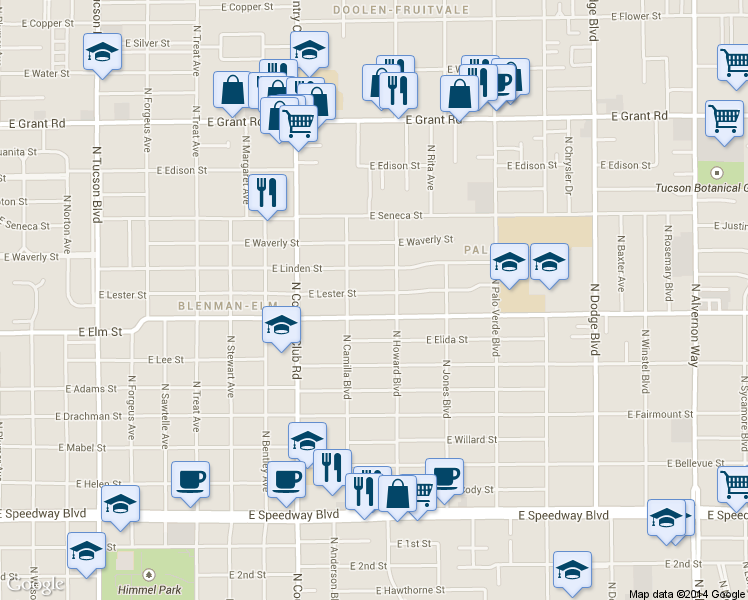 map of restaurants, bars, coffee shops, grocery stores, and more near 3232 E Lester St in Tucson