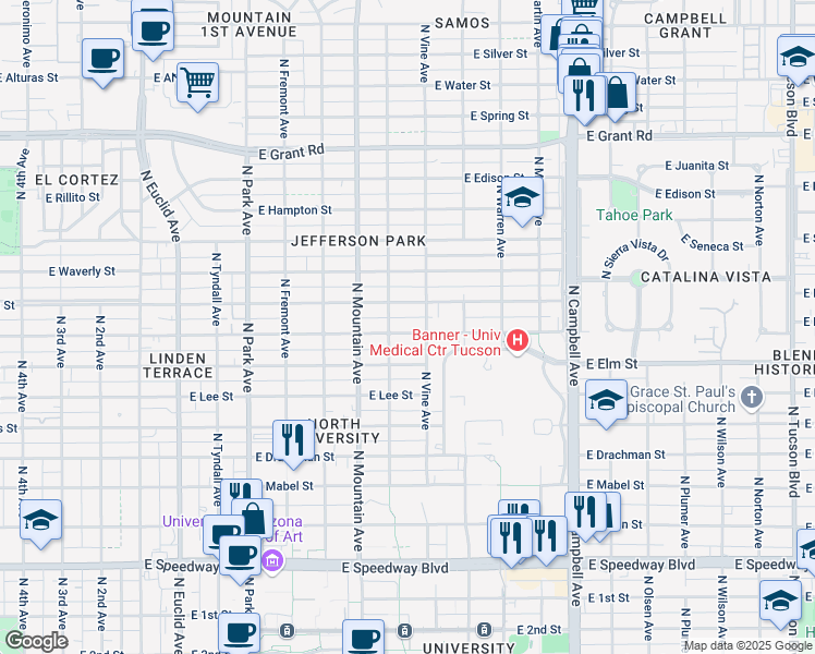 map of restaurants, bars, coffee shops, grocery stores, and more near 1425 East Lester Street in Tucson