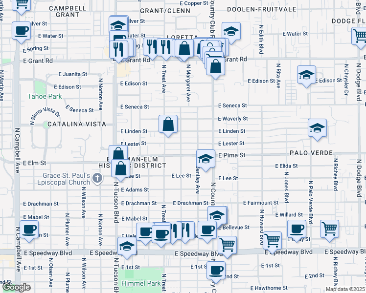 map of restaurants, bars, coffee shops, grocery stores, and more near 2900 East Lester Street in Tucson