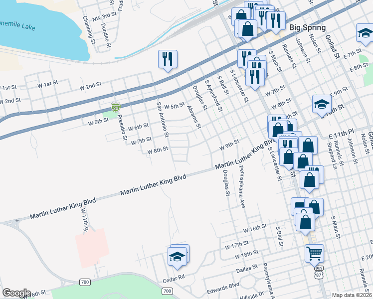 map of restaurants, bars, coffee shops, grocery stores, and more near 811 West 8th Street in Big Spring
