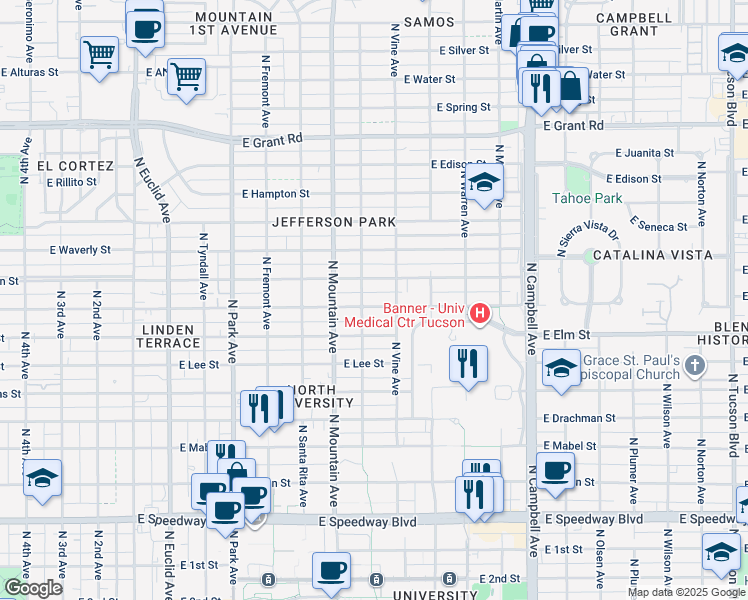 map of restaurants, bars, coffee shops, grocery stores, and more near 1425 East Lester Street in Tucson