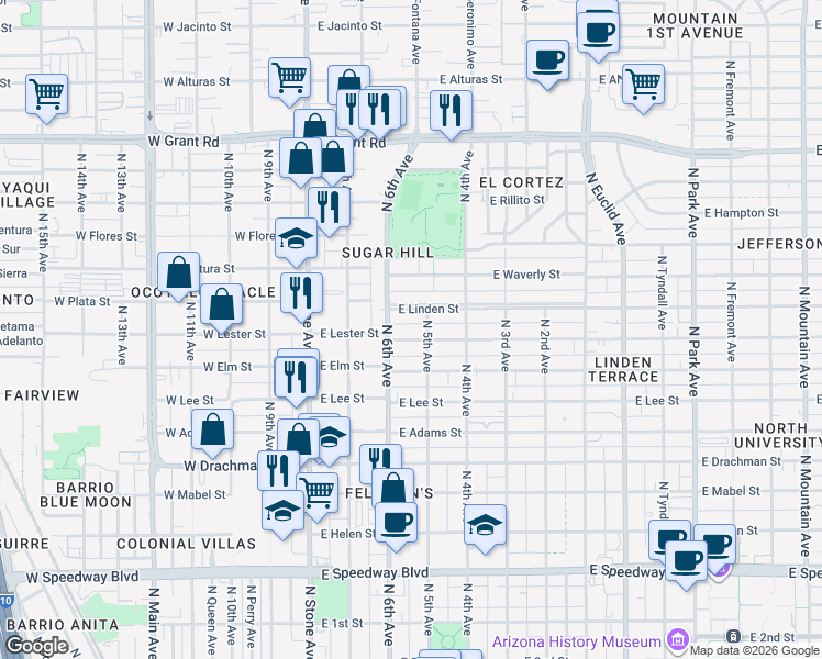 map of restaurants, bars, coffee shops, grocery stores, and more near 201 East Lester Street in Tucson