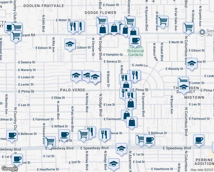 map of restaurants, bars, coffee shops, grocery stores, and more near 1717 North Baxter Drive in Tucson
