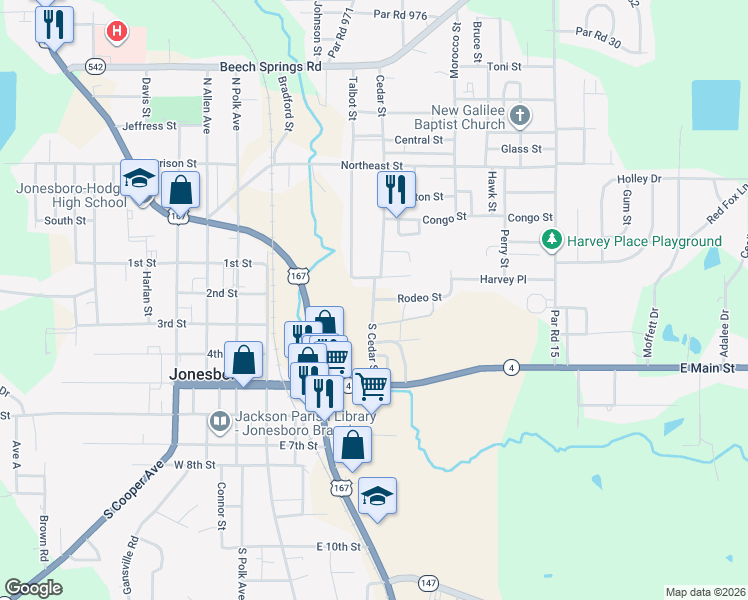 map of restaurants, bars, coffee shops, grocery stores, and more near 100 Rodeo Street in Jonesboro