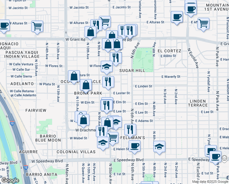 map of restaurants, bars, coffee shops, grocery stores, and more near 1802 North Stone Avenue in Tucson