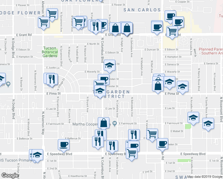 map of restaurants, bars, coffee shops, grocery stores, and more near in Tucson