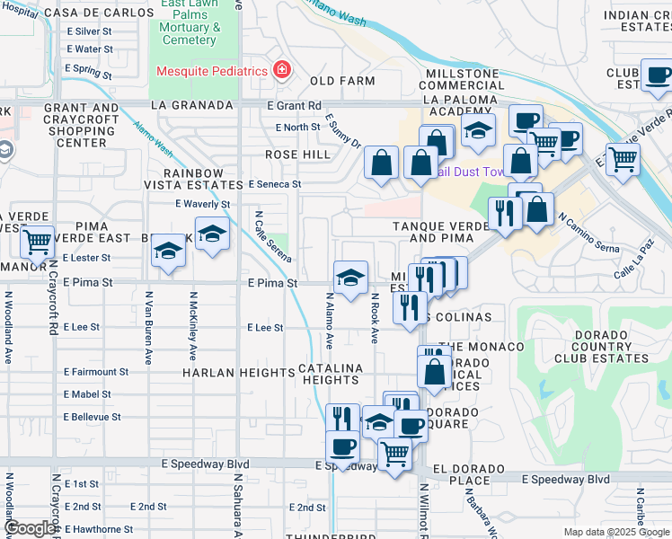 map of restaurants, bars, coffee shops, grocery stores, and more near 6119 East Pima Street in Tucson