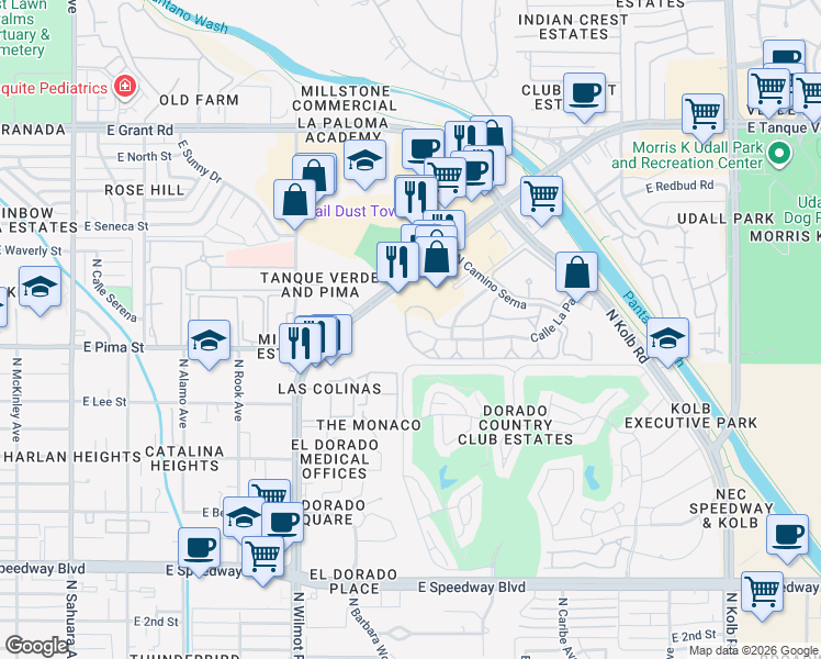 map of restaurants, bars, coffee shops, grocery stores, and more near 6501 Calle La Paz in Tucson