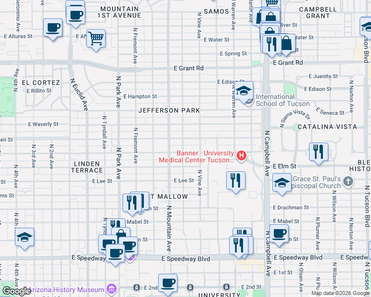 map of restaurants, bars, coffee shops, grocery stores, and more near 1425 East Lester Street in Tucson